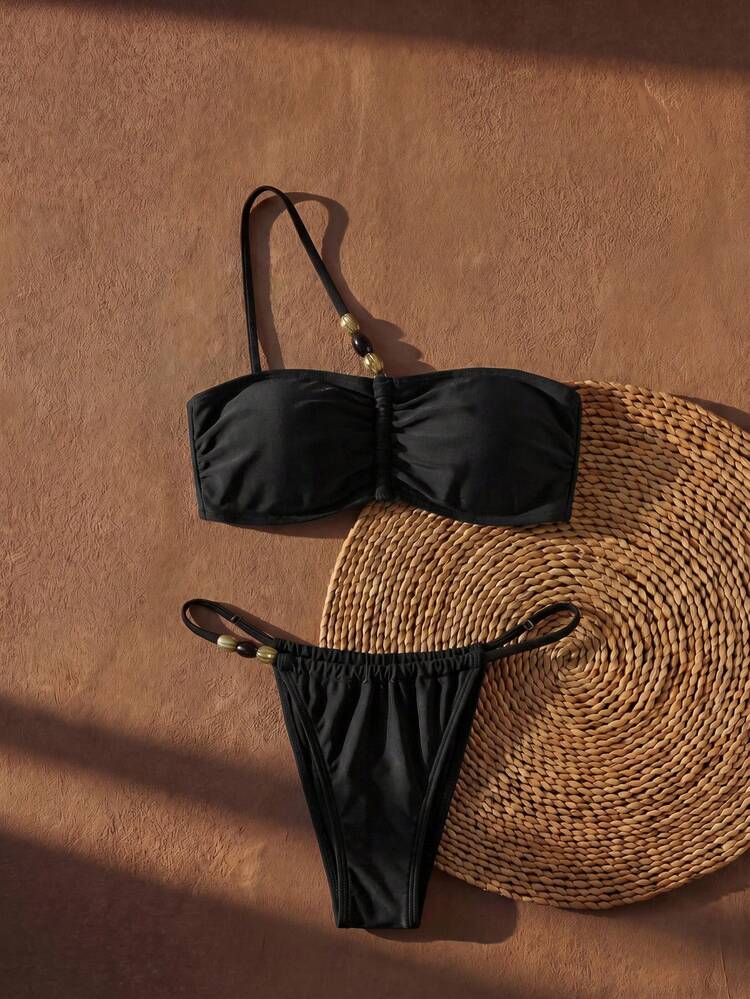 Women's Summer Beach Solid Color Ruched Sexy Bikini Swimsuit Set