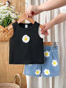 SHEIN Vintaside Kids 女童夏季圆领无袖时尚简约百搭休闲背心，搭配时尚休闲百搭印花短裤套装，适合户外休闲、度假和散步穿着。 - 黑色 - 查看 5
