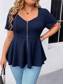 SHEIN CURVE+ Women's New Summer Short Sleeve Navy Blue Metallic Zipper Shirt, Wavy Hem, Diamond Shaped Collar Design, Minimalist Office Casual Wear - Navy Blue - View 3