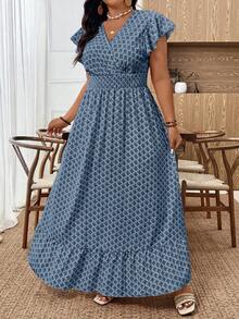 SHEIN Tall CURVE Đầm maxi tay ngắn xếp ly eo chun, kiểu dáng thanh lịch, phù hợp cho cả đi làm và đi nghỉ mát, chất liệu thoải mái, họa tiết hoa đa năng, màu trắng, cỡ lớn và cao. - Màu xanh hải quân - Xem 4