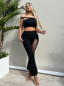 SHEIN SXY Summer Contrast Mesh Flare Leg Pants - Black - View 5