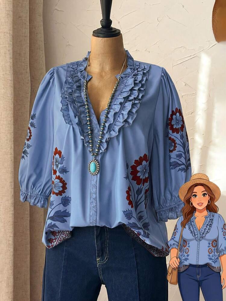 Plus Size Women Spring Casual Vacation Petal Sleeve Ruffle Trim Floral Print Green Blouse