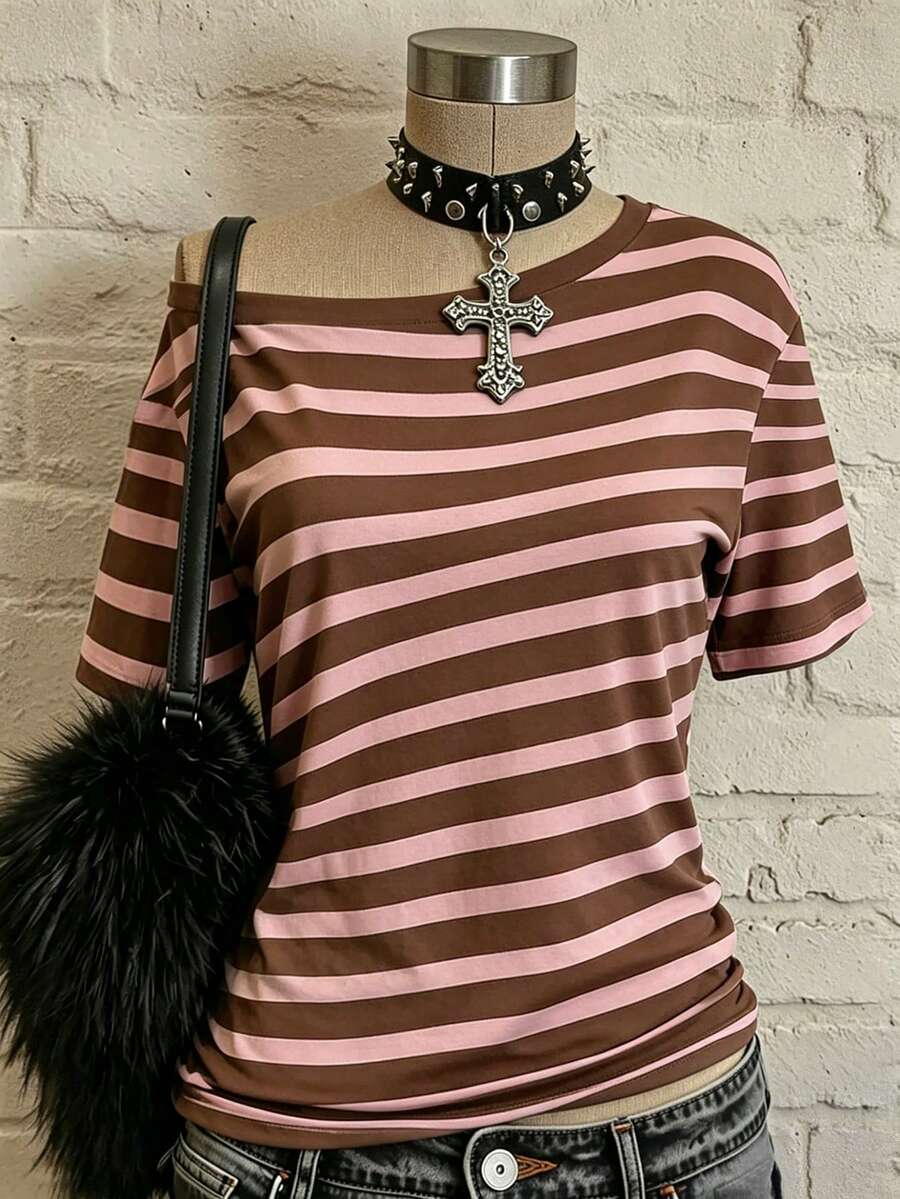 INAWLY Women's Asymmetric Neck Striped Y2K Style Top, Suitable For Daily Wear And Gatherings - Multicolor - View 1