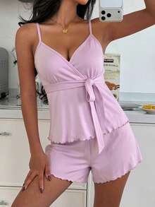 粉色修身V领吊带背心，收腰设计，显瘦性感家居睡衣 - 粉色 - 查看 5