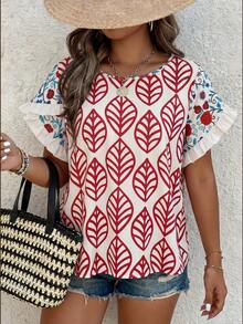 Weeklong Plus Size Women's Casual Vacation Floral Print Contrast Trim Petal Sleeve Shirt, Spring/Summer Gym Brown - Multicolor - View 3