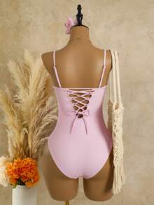 Women's Summer Beach Floral Print Spaghetti Strap Ruched Front High Elasticity Shapewear Criss-Cross Back Casual Vacation One Piece Swimsuit - Pink - View 7