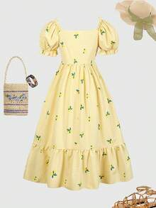 Teen GirlFloral Print Sleeveless Dress - Yellow - View 2