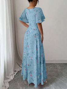 Modelyn 女士雪纺蝴蝶印花蝙蝠袖褶皱甜美法式夏季连衣裙 - 灰藍色 - 查看 2