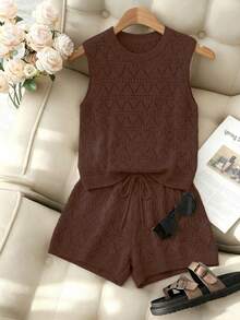 Franclia Women's Shades Of Brown 2-Piece Sweater Set,Summer Casual Vacation Holiday Beach Loose Knit Vest & Hollow Out Short Pants Bohemian Retro Chic Outfit - Coffee Brown - View 4