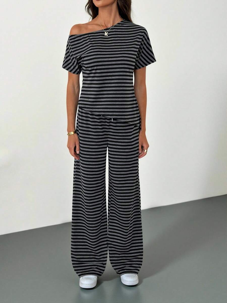 SHEIN Tall 女士时尚宽松条纹印花不对称领短袖上衣和斜插口袋长裤休闲套装