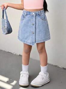 Girls' Denim Shorts Skirt,Soft Cotton Casual Blue Summer A-Line,Cute Elastic Waist Button Decor 5 Pockets Classic Vintage Distressed Washed Daily Wear - Blue - View 1