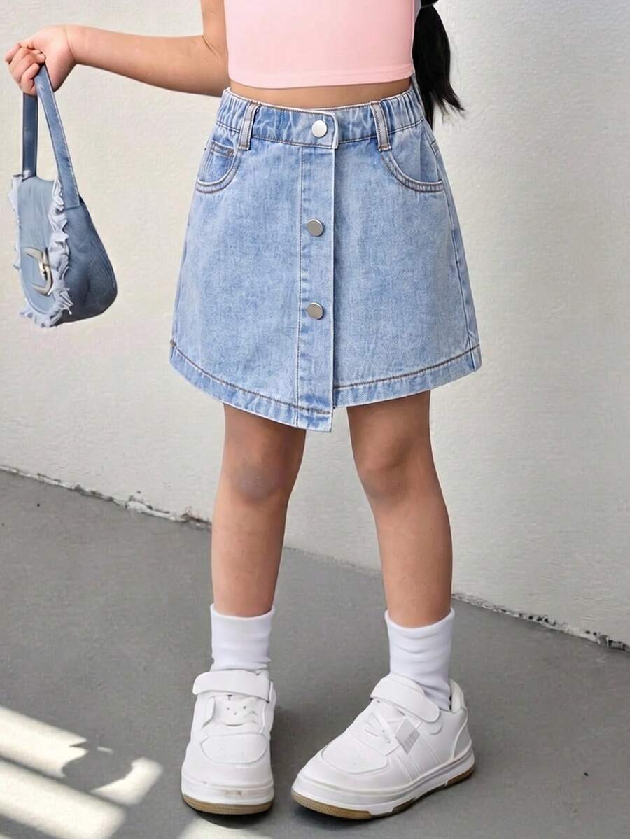 Girls' Denim Shorts Skirt,Soft Cotton Casual Blue Summer A-Line,Cute Elastic Waist Button Decor 5 Pockets Classic Vintage Distressed Washed Daily Wear - Blue - View 1