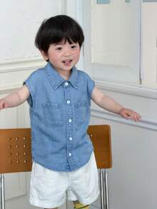 DAZY Toddler Boys' Korean Style Washed Denim Collared Short Sleeve Casual Shirt - Blue - View 7