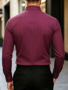 Manfinity Mode Men's Burgundy Striped Long Sleeve Shirt Collar Business Commuting Top In Polyester Tuxedo, Formal, Ceremony - Burgundy - View 2