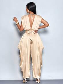 " Women's Elegant Pleated V-Neck Backless Satin Satin Blouse In Apricot Color, Suitable For Everyday Work." - Apricot - View 4