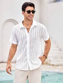 Mercer Haus Men's Jacquard Elastic Casual Shirt, Hollow Lattice, For Summer Vacation Beach Wear - White - View 4