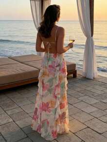 Aloruh Vestido de vacaciones con estampado floral para mujer, vestido elegante con volantes y recortes sexy - Rosa - Ver 2