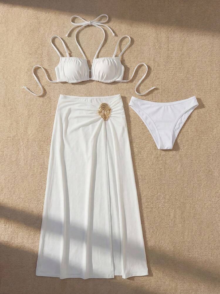 Women's Summer Beach Solid Color Halter Tie Sexy Bikini Swimsuit Set With Metal Decor Slit Cover-Up And Mini Skirt 3-Piece