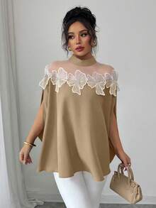 SHEIN Clasi 女士休闲蕾丝网纱拼接开衩袖立领衬衫，适合春、夏、秋季穿着 - 卡其色 - 查看 3