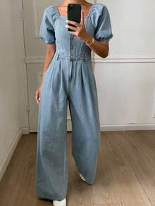 DAZY Bộ áo liền quần và quần yếm nữ tay ngắn trễ vai, cạp chun, dáng rộng, phong cách thành thị năng động, thích hợp cho kỳ nghỉ. - Rửa trung bình - Xem 1