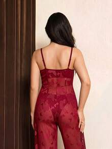 Bộ jumpsuit ren jacquard dây mảnh gợi cảm xuyên thấu - Màu Đỏ Sâu - Xem 3