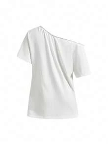 ROMWE Grunge Punk Women's Contrast Color Ripped Design Asymmetrical Shoulder Loose T-Shirt, Summer - White - View 2