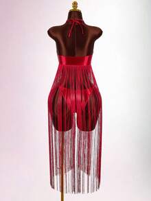 Amplova 女士流苏细节泳衣套装，性感前卫，适合度假，飘逸妩媚的系带沙滩装 - 紅色 - 查看 9