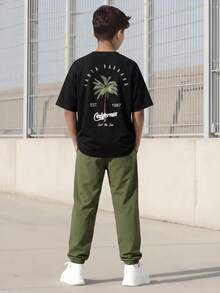 Vacaura 2pcs/Set Teen Boys Black T-Shirt With Khaki Shorts,Fashionable Streetwear Pocket Outfit,Versatile Summer Essentials For Sports,Outings,School - Army Green - View 4
