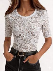 EMERY ROSE Women's Lace Floral Print Round Neck Short Sleeve T-Shirt - White - View 4