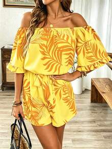 Breezaya Hawaiian Style Ruffled Off-Shoulder Romper - Yellow - View 4