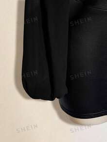 SHEIN ICON Áo kiểu nữ màu nâu, tay dài, trễ vai, phong cách phương Tây, phối nhiều mảnh vải, eo, thích hợp cho mùa thu/đông. - màu đen - Xem 7