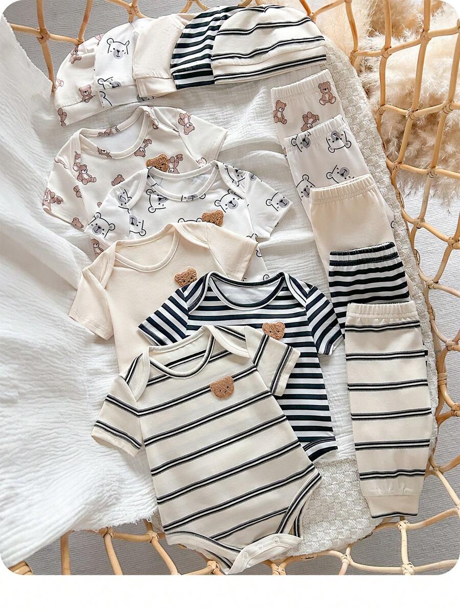 SHEIN Bộ 15 món áo liền quần và mũ dệt kim họa tiết gấu sọc dễ thương cho bé gái sơ sinh. - Màu be - Xem 1