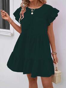 Breezaya Đầm babydoll dáng rộng màu trơn cổ tròn cho nữ mùa hè, có viền bèo nhún, thích hợp cho kỳ nghỉ đi biển. - Xám Xanh - Xem 4