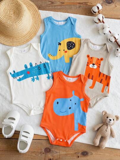 SHEIN Playful Pals Set de 4 piezas de pelele sin mangas de verano para bebés niños, en azul, blanco, gris y naranja, con estampado de animales de dibujos animados, de estilo casual y adorable, adecuado para jugar al aire libre a diario