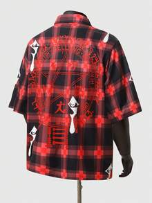 ROMWE MEN Street Life Áo sơ mi nam tay ngắn kẻ caro dáng rộng - Đỏ - Xem 2