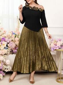 Gownix Plus Size Women's Elegant Formal Gym Brown Autumn Dress,Floral Decor Asymmetrical Patchwork Pleated Luxury Evening Party Wedding Guest Outfits - Multicolor - View 6