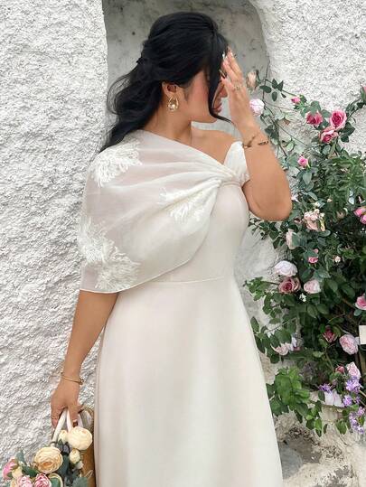 Modelyn Plus Size Women's Apricot Embroidered Patchwork Off-Shoulder Ruffle Hem Elegant Dress, Summer