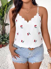 Lounesse Áo camisole cỡ lớn mùa hè in hình quả anh đào viền vỏ sò - trắng - Xem 5