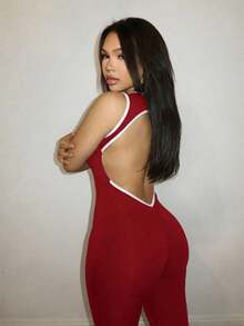 Slaydiva 早春新款、春夏音乐节、情人节、复活节休闲风、简约基础款、Y2K街头甜美风、网络爆款畅销单品、日常约会、辣妹风、性感运动风、返校季背心款、V领白领、露背设计、臀部褶皱紧身裤、藏蓝色七寸裤、女士紧身连体裤 -A - 紅色 - 查看 2
