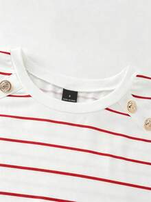 SHEIN Franclia Women's Red And White Striped Knit Sweater,Elegant French Minimalist Round Neck Short Sleeve T-Shirt,Summer Casual Versatile Chic Top For Brunch - Multicolor - View 4