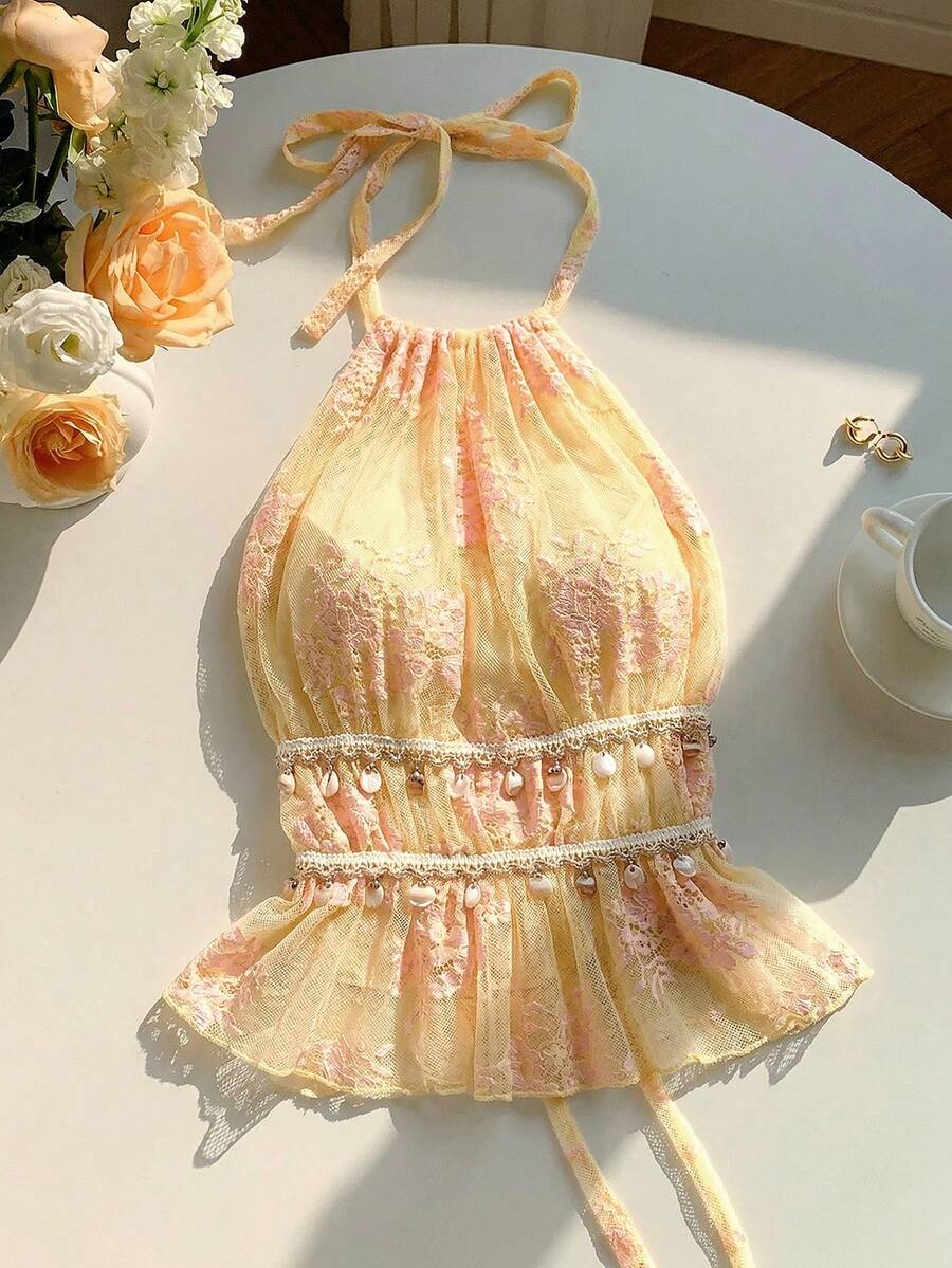Comfortcana Áo hai dây không tay hở lưng dành cho nữ, kiểu dáng mùa hè thời trang, phù hợp cho mặc hàng ngày, đi nghỉ mát, hẹn hò lãng mạn, áo hai dây màu vàng hở lưng họa tiết vỏ sò gợi cảm phong cách bohemian. - Nhiều màu - Xem 1