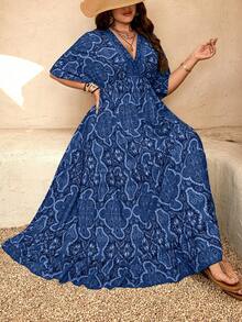 Breezaya Plus Size Women's V-Neck Bohemian Style Dress, Loose Floral Print Summer Beach Dress - Blue - View 7