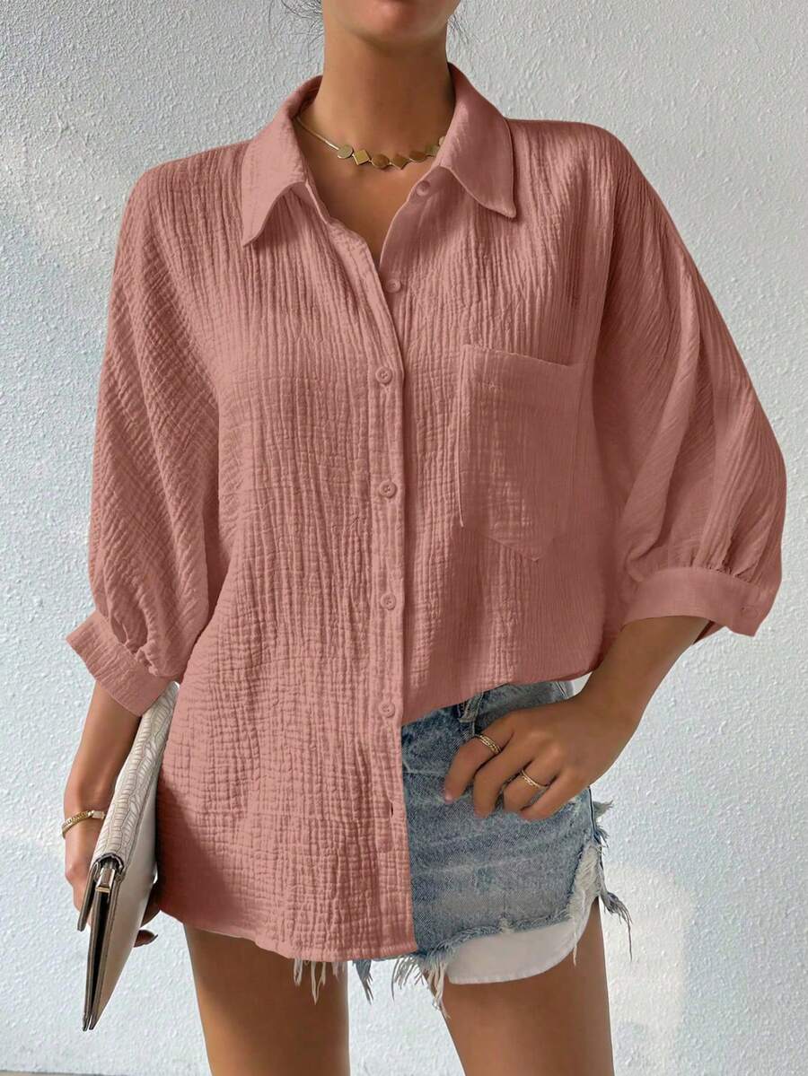 SHEIN Women's Minimalist Casual Solid Color Front Button Textured Drop Shoulder Shirt - Pink - View 1