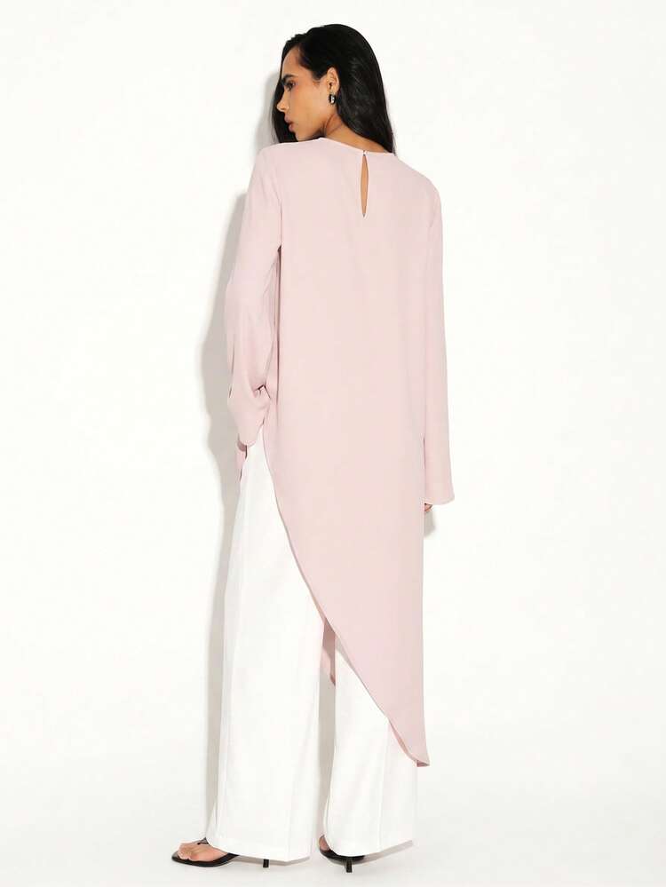 KSTM Asymmetric Hem Long Sleeve Flowing Blouse With High Low Draped Design And Crew Neckline For Casual Layered Fashion Style