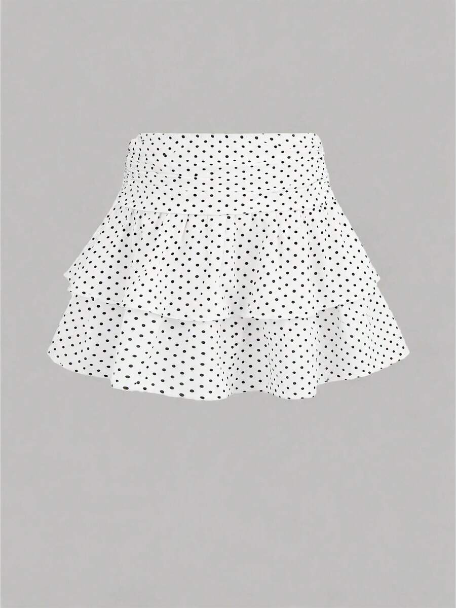 SHEIN Girlism 少女休闲街头复古波点褶皱双层荷叶边下摆可爱迷你休闲裙,适合返校节、嬉皮士、公主风、舞会等场合,Y2K风格 - 白色 - 查看 1