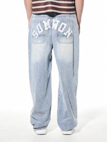 SUMWON Relaxed Wide Leg Denim Jeans Large Letter Print Back Pockets Casual Streetwear Vintage Washed Light Blue Pants - Blue - View 3