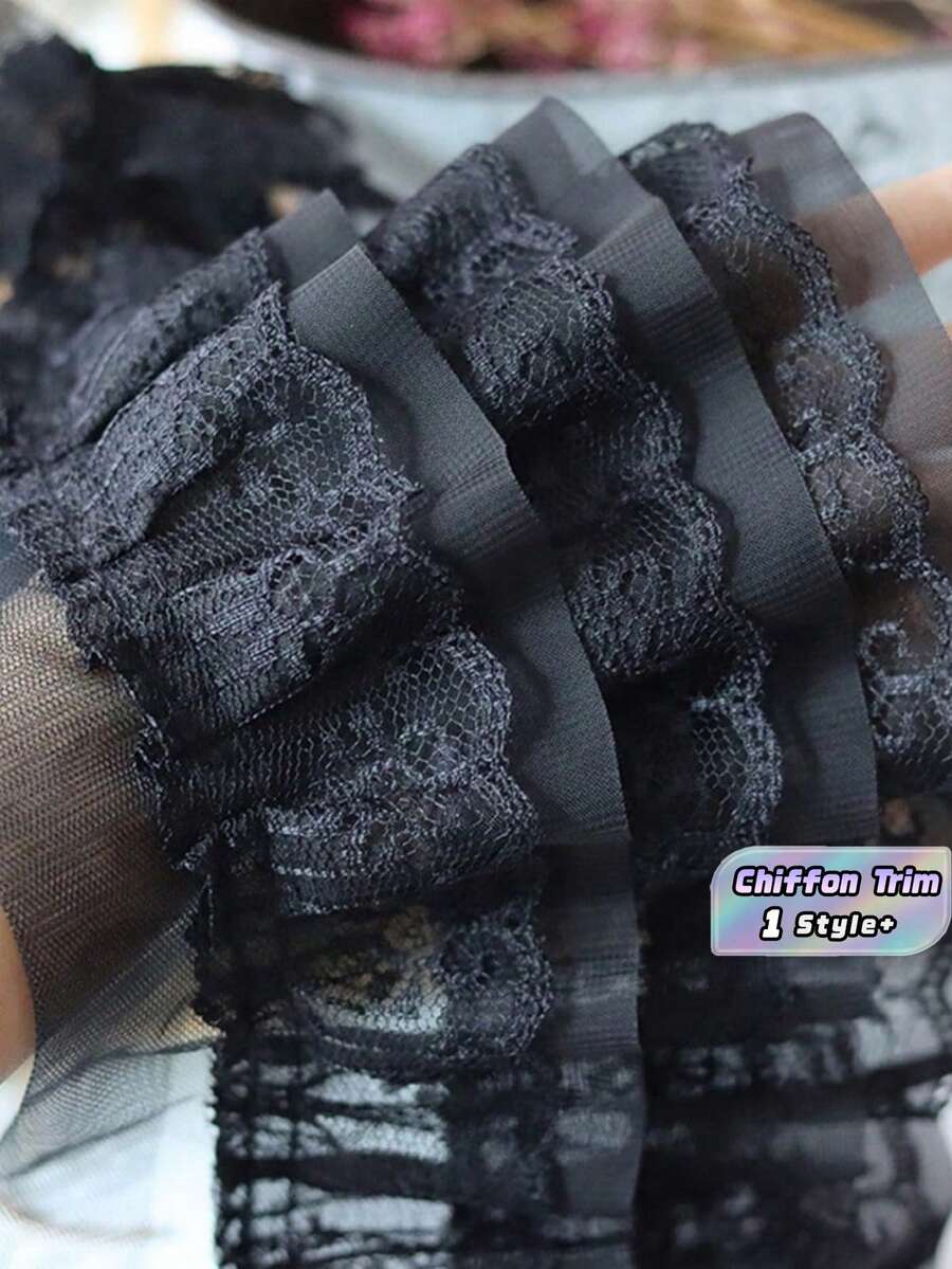 1 码黑色褶皱欧根纱蕾丝边褶皱网眼雪纺饰带复古风格边饰面料刺绣贴花缝纫工艺婚礼新娘礼服派对装饰 - 黑色 - 查看 1
