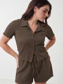 Solavibe Bộ đồ hè hai mảnh cỡ lớn, Bộ đồ hè hai mảnh gồm quần short, Quần áo đi học cho bé gái tuổi teen, Bộ đồ hai mảnh cho nữ, Trang phục dự tiệc cho nữ, Bộ đồ phong cách Y2K, Bộ đồ hai mảnh, Bộ đồ mặc nhà cho nữ, Bộ đồ đi nghỉ mát hai mảnh màu xanh bạc hà - màu nâu - Xem 3