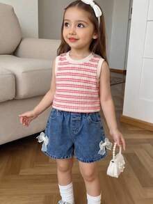 Elladie kids Completo estivo da ragazza composto da top smanicato a righe, rinfrescante ed energico, e shorts alla moda con decorazione a fiocco, vivace e dolce per uso quotidiano - Multicolore - Visualizzare 4