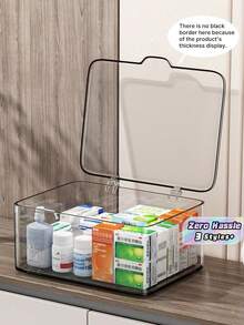 1 pieza Organizador de medicina Caja de almacenamiento, Estuche de almacenamiento de escritorio transparente, Contenedor de almacenamiento a prueba de polvo con tapa abatible. Organizador de medicina mini para el hogar. Almacenamiento multifuncional para cosméticos, mascarillas faciales, papelería, artículos varios - transparente - Ver 2